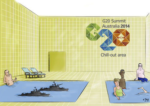 Cartoon: Entspannungspolitik (medium) by Ago tagged karikatur,politik,quo,status,gespräche,kriegsschiffe,konfrontation,militärkonflikt,ukraine,krise,konflikte,kanzlerin,regierung,präsidenten,staatschefs,hollande,merkel,putin,obama,eu,europa,usa,gipfeltreffen,2014,australien,brisbane,gipfel,g20,g20,gipfel,brisbane,australien,2014,gipfeltreffen,usa,europa,eu,obama,putin,merkel,hollande,staatschefs,präsidenten,regierung,kanzlerin,konflikte,krise,ukraine,militärkonflikt,konfrontation,kriegsschiffe,gespräche,status,quo,politik,karikatur