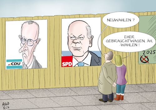 Cartoon: Gebrauchtwahlen (medium) by Ago tagged bundestag,deutschland,neuwahlen,ampel,aus,bruch,regierung,koalition,kanzlerkandidaten,scholz,spd,merz,cdu,kritik,debatte,diskussion,eignung,popularität,frisch,unverbraucht,neuanfang,zukunft,plakate,wahlkampf,passanten,gebrauchtwagen,politik,karikatur,cartoon,pressezeichnung,illustration,ago,agostino,natale,bundestag,deutschland,neuwahlen,ampel,aus,bruch,regierung,koalition,kanzlerkandidaten,scholz,spd,merz,cdu,kritik,debatte,diskussion,eignung,popularität,frisch,unverbraucht,neuanfang,zukunft,plakate,wahlkampf,passanten,gebrauchtwagen,politik,karikatur,cartoon,pressezeichnung,illustration,ago,agostino,natale