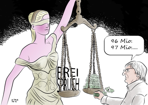 Cartoon: Ecclestone (medium) by Ago tagged justiz,recht,justitia,schuldspruch,kein,gerechtigkeit,richter,staatsanwalt,geld,deal,dollar,millionen,100,zahlung,auflage,verfahren,einstellung,bank,lb,bayern,schmiergeld,korruption,untreue,bestechung,anklage,gericht,rechte,eins,formel,ecclestone,bernie,bernie,eccelstone,formel,eins,rechte,gericht,anklage,bestechung,untreue,korruption,schmiergeld,bayern,lb,bank,einstellung,verfahren,auflage,zahlung,100,millionen,dollar,deal,geld,staatsanwalt,richter,gerechtigkeit,kein,schuldspruch,justitia,recht,justiz,waage,karikatur,illustration