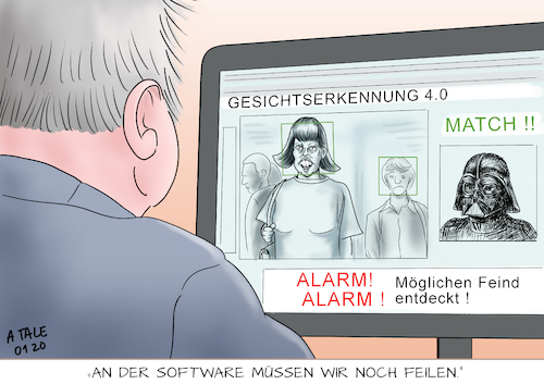 Cartoon: Gesichtserkennung 4.0 (medium) by Ago tagged innenminister,seehofer,bundespolizeigesetz,entwurf,gesichtserkennung,biometrie,kritik,debatte,sicherheit,konflikt,datenschutz,grundrechte,videoüberwachung,kameras,öffentlichkeit,gefahr,überwachungsstaat,software,zuverlässigkeit,darth,vader,politik,karikatur,cartoon,pressezeichnung,illustration,tale,agostino,natale,innenminister,seehofer,bundespolizeigesetz,entwurf,gesichtserkennung,biometrie,kritik,debatte,sicherheit,konflikt,datenschutz,grundrechte,videoüberwachung,kameras,öffentlichkeit,gefahr,überwachungsstaat,software,zuverlässigkeit,darth,vader,politik,karikatur,cartoon,pressezeichnung,illustration,tale,agostino,natale