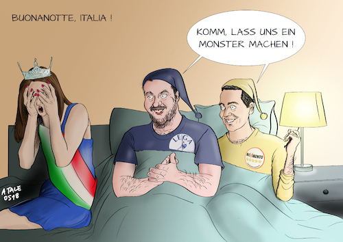 Cartoon: Gute Nacht Italien (medium) by Ago tagged italien,wahlsieger,fünf,sterne,lega,nord,di,maio,salvini,regierungsbildung,populisten,eu,gegner,unterschiedliche,lager,wahlgeschenke,unseriöse,versprechungen,rabauken,ausländerfeindlichkeit,billige,parolen,trumpesk,hohe,staatsverschuldung,arbeitslosigkeit,süden,moderates,wirtschaftswachstum,euro,wirtschaft,märkte,beunruhigt,nervosität,bett,frau,italienische,flagge,monster,zeugen,politik,karikatur,cartoon,pressezeichnung,illustration,tale,agostino,natale,italien,wahlsieger,fünf,sterne,lega,nord,di,maio,salvini,regierungsbildung,populisten,eu,gegner,unterschiedliche,lager,wahlgeschenke,unseriöse,versprechungen,rabauken,ausländerfeindlichkeit,billige,parolen,trumpesk,hohe,staatsverschuldung,arbeitslosigkeit,süden,moderates,wirtschaftswachstum,euro,wirtschaft,märkte,beunruhigt,nervosität,bett,frau,italienische,flagge,monster,zeugen,politik,karikatur,cartoon,pressezeichnung,illustration,tale,agostino,natale