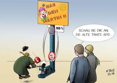 Cartoon: Hau den Martin (medium) by Ago tagged spd,martin,schulz,from,hero,to,zero,absturz,partei,querelen,streit,wortbruch,fehler,rücktritt,vorsitzender,verzicht,außenministerposten,ehemaliger,hoffnungsträger,hundert,prozent,2017,bundesparteitag,niederlage,bundestagswahl,koalitionsverhandlung,grosse,koalition,groko,regierungsbildung,cdu,csu,kontroverse,debatte,zustimmung,parteibasis,unsicher,blaues,auge,ramponiert,schlaege,einstecken,hau,den,lukas,jahrmarkt,politik,karikatur,cartoon,pressezeichnung,illustration,tale,agostino,natale,spd,martin,schulz,from,hero,to,zero,absturz,partei,querelen,streit,wortbruch,fehler,rücktritt,vorsitzender,verzicht,außenministerposten,ehemaliger,hoffnungsträger,hundert,prozent,2017,bundesparteitag,niederlage,bundestagswahl,koalitionsverhandlung,grosse,koalition,groko,regierungsbildung,cdu,csu,kontroverse,debatte,zustimmung,parteibasis,unsicher,blaues,auge,ramponiert,schlaege,einstecken,hau,den,lukas,jahrmarkt,politik,karikatur,cartoon,pressezeichnung,illustration,tale,agostino,natale