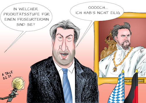 Cartoon: Höchste Priorität (medium) by Ago tagged verlängerung,lockdown,ausnahme,friseure,wiederöffnung,terminvereinbarung,analogie,impftermine,markus,söder,bayern,ministerpräsident,wildwuchs,haare,ähnlichkeit,haarpracht,könig,ludwig,zweite,kini,coronavirus,pandemie,seuche,covid,neunzehn,welle,hohe,infektionszahlen,inzidenzwerte,überlastung,gesundheitssystem,viele,todesfälle,kontaktverbote,einschränkungen,stillstand,kultur,freizeit,gastronomie,einzelhandel,minimum,soziales,leben,daheim,bleiben,home,office,social,distancing,missmut,verdruss,corona,fatigue,schneiden,frisur,politik,caricature,karikatur,cartoon,pressezeichnung,illustration,tale,agostino,natale,verlängerung,lockdown,ausnahme,friseure,wiederöffnung,terminvereinbarung,analogie,impftermine,markus,söder,bayern,ministerpräsident,wildwuchs,haare,ähnlichkeit,haarpracht,könig,ludwig,zweite,kini,coronavirus,pandemie,seuche,covid,neunzehn,welle,hohe,infektionszahlen,inzidenzwerte,überlastung,gesundheitssystem,viele,todesfälle,kontaktverbote,einschränkungen,stillstand,kultur,freizeit,gastronomie,einzelhandel,minimum,soziales,leben,daheim,bleiben,home,office,social,distancing,missmut,verdruss,corona,fatigue,schneiden,frisur,politik,caricature,karikatur,cartoon,pressezeichnung,illustration,tale,agostino,natale