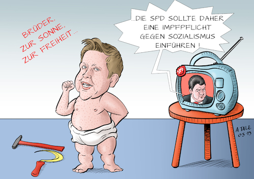 Cartoon: Impfpflicht in der SPD ? (medium) by Ago tagged spd,juso,vorsitzender,kevin,kühnert,interview,zeit,forderungen,enteignung,beschränkung,eigentum,kollektivierung,sozialismus,kritik,debatte,diskussion,heftig,überzogen,sozialdemokraten,sigmar,gabriel,tabubruch,schädigung,distanzierung,ablehnung,gemäßigte,positionen,volkspartei,impfpflicht,masern,spahn,politik,karikatur,cartoon,pressezeichnung,illustration,tale,agostino,natale,spd,juso,vorsitzender,kevin,kühnert,interview,zeit,forderungen,enteignung,beschränkung,eigentum,kollektivierung,sozialismus,kritik,debatte,diskussion,heftig,überzogen,sozialdemokraten,sigmar,gabriel,tabubruch,schädigung,distanzierung,ablehnung,gemäßigte,positionen,volkspartei,impfpflicht,masern,spahn,politik,karikatur,cartoon,pressezeichnung,illustration,tale,agostino,natale