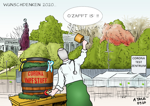 Cartoon: Is ned ozapft (medium) by Ago tagged münchen,bayern,absage,ausfall,oktoberfest,wiesn,volksfest,testzentum,theresienwiese,corona,virus,pandemie,covid,neunzehn,steigende,infektionszahlen,einschränkungen,auflagen,social,distancing,abstand,wunschdenken,baldiger,impfstoff,normalität,bierfass,anzapfen,eröffnung,politik,caricature,karikatur,cartoon,pressezeichnung,illustration,tale,agostino,natale,münchen,bayern,absage,ausfall,oktoberfest,wiesn,volksfest,testzentum,theresienwiese,corona,virus,pandemie,covid,neunzehn,steigende,infektionszahlen,einschränkungen,auflagen,social,distancing,abstand,wunschdenken,baldiger,impfstoff,normalität,bierfass,anzapfen,eröffnung,politik,caricature,karikatur,cartoon,pressezeichnung,illustration,tale,agostino,natale