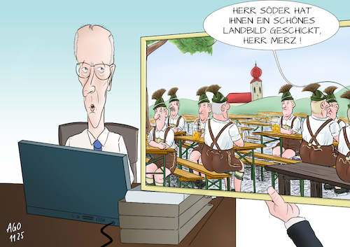 Cartoon: Landbild (medium) by Ago tagged bundeskanzler,merz,cdu,interview,stadtbild,debatte,kritik,migration,asylpolitik,abschiebung,rückführung,gleichsetzung,unterstellung,bedrohung,sicherheit,populismus,idylle,heimat,monokultur,vielfalt,diversität,bayern,söder,geschenk,bild,politik,caricature,karikatur,cartoon,pressezeichnung,illustration,ago,agostino,natale,bundeskanzler,merz,cdu,interview,stadtbild,debatte,kritik,migration,asylpolitik,abschiebung,rückführung,gleichsetzung,unterstellung,bedrohung,sicherheit,populismus,idylle,heimat,monokultur,vielfalt,diversität,bayern,söder,geschenk,bild,politik,caricature,karikatur,cartoon,pressezeichnung,illustration,ago,agostino,natale