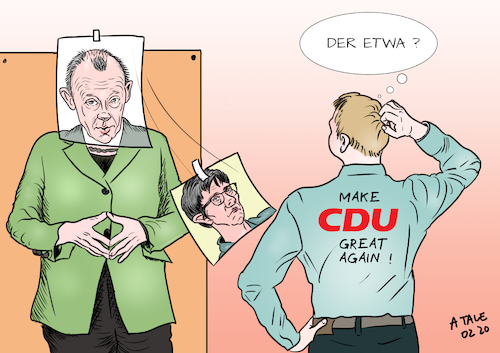 Cartoon: Make CDU great again ? (medium) by Ago tagged rücktritt,ankündigung,cdu,parteivorsitz,annegret,kramp,karrenbauer,nachfolge,debatte,kanzlerkandidatur,kandidaten,friedrich,merz,jens,spahn,achim,laschet,diskussion,richtung,kontinuität,merkel,liberal,moderat,rechtsruck,konservativismus,werteunion,stimmenverluste,volkspartei,politik,karikatur,cartoon,pressezeichnung,illustration,tale,agostino,natale,rücktritt,ankündigung,cdu,parteivorsitz,annegret,kramp,karrenbauer,nachfolge,debatte,kanzlerkandidatur,kandidaten,friedrich,merz,jens,spahn,achim,laschet,diskussion,richtung,kontinuität,merkel,liberal,moderat,rechtsruck,konservativismus,werteunion,stimmenverluste,volkspartei,politik,karikatur,cartoon,pressezeichnung,illustration,tale,agostino,natale