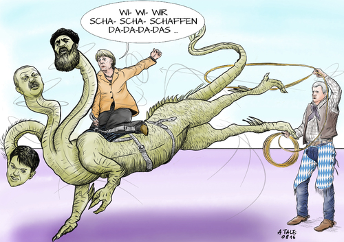 Cartoon: Merkels Dämonen (medium) by Ago tagged frauke,abhaengigkeit,unterbrochen,dialog,machtrausch,tuerkei,erdogan,selbstmordanschlaege,attentaeter,attentate,staat,islamischer,is,das,schaffen,wir,zweifel,sinken,umfragewerte,zustimmung,autokratien,diktaturen,terror,drohungen,probleme,krisen,konflikte,deutschland,regierung,bundeskanzlerin,merkel,angela,petry,populismus,stimmenklau,afd,csu,seehofer,streit,gefolgschaft,verweigern,metapher,symbol,rodeo,reiten,hydra,cerberus,mythologie,albtraum,im,sattel,bleiben,zaehmen,ueberwinden,politik,karikatur,illustration,cartoon,angela,merkel,bundeskanzlerin,regierung,deutschland,konflikte,krisen,probleme,drohungen,terror,diktaturen,autokratien,zustimmung,umfragewerte,sinken,zweifel,wir,schaffen,das,is,islamischer,staat,attentate,attentaeter,selbstmordanschlaege,erdogan,tuerkei,machtrausch,dialog,unterbrochen,abhaengigkeit,frauke,petry,populismus,stimmenklau,afd,csu,seehofer,streit,gefolgschaft,verweigern,metapher,symbol,rodeo,reiten,hydra,cerberus,mythologie,albtraum,im,sattel,bleiben,zaehmen,ueberwinden,politik,karikatur,illustration,cartoon