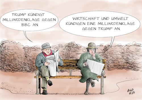 Cartoon: Milliardenklage (medium) by Ago tagged usa,präsident,donald,trump,milliardenklage,bbc,england,fernsehen,nachrichten,journalismus,sorgfalt,fehler,entschuldigung,rache,nachtragend,schaden,weltwirtschaft,natur,unvernünftig,erratische,politik,ehepaar,bank,zeitung,lesen,caricature,karikatur,cartoon,pressezeichnung,illustration,ago,agostino,natale,usa,präsident,donald,trump,milliardenklage,bbc,england,fernsehen,nachrichten,journalismus,sorgfalt,fehler,entschuldigung,rache,nachtragend,schaden,weltwirtschaft,natur,unvernünftig,erratische,politik,ehepaar,bank,zeitung,lesen,caricature,karikatur,cartoon,pressezeichnung,illustration,ago,agostino,natale