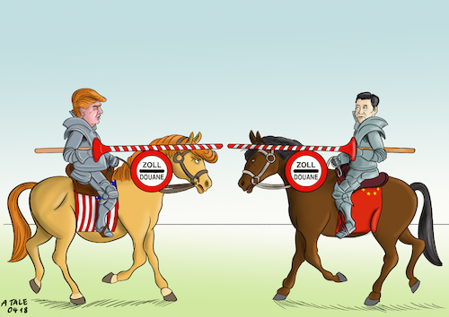 Cartoon: Mittelalterliche Muskelspiele (medium) by Ago tagged usa,china,donald,trump,xi,jinping,handelsstreit,strafzölle,zollkrieg,protektionismus,vergeltungsmaßnahmen,einschränkung,freier,handel,regeln,welthandelsorganisation,ungleiche,handelsbilanzen,streit,differenzen,rückfall,politik,wirtschaft,ritterturnier,schlagbaum,lanzen,karikatur,illustration,zeichnung,bild,pressezeichnung,cartoon,tale,agostino,natale,usa,china,donald,trump,xi,jinping,handelsstreit,strafzölle,zollkrieg,protektionismus,vergeltungsmaßnahmen,einschränkung,freier,handel,regeln,welthandelsorganisation,ungleiche,handelsbilanzen,streit,differenzen,rückfall,politik,wirtschaft,ritterturnier,schlagbaum,lanzen,karikatur,illustration,zeichnung,bild,pressezeichnung,cartoon,tale,agostino,natale