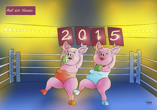 Cartoon: Nächste Runde (medium) by Ago tagged neujahr,2015,glücksschweine,silvester,jahreswechsel,kleeblatt,boxring,nächste,runde,cartoon,comic,neujahr,2015,glücksschweine,silvester,jahreswechsel,kleeblatt,boxring,nächste,runde,cartoon,comic