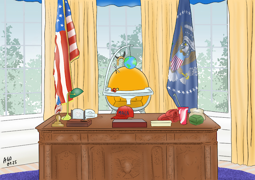 Cartoon: Oval Office (medium) by Ago tagged usa,präsident,wahlen,donald,trump,sieger,amtsantritt,zweite,amtszeit,washington,weißes,haus,oval,office,würde,unberechenbar,infantil,gefährlich,populistisch,extremistisch,irrational,kinderstuhl,spielzeug,fast,food,politik,caricature,karikatur,cartoon,pressezeichnung,illustration,ago,agostino,natale,usa,präsident,wahlen,donald,trump,sieger,amtsantritt,zweite,amtszeit,washington,weißes,haus,oval,office,würde,unberechenbar,infantil,gefährlich,populistisch,extremistisch,irrational,kinderstuhl,spielzeug,fast,food,politik,caricature,karikatur,cartoon,pressezeichnung,illustration,ago,agostino,natale