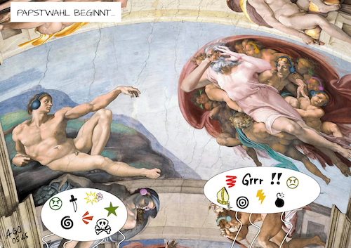 Cartoon: Papstwahl (medium) by Ago tagged papstwahl,konklave,rom,vatikan,sixtinische,kapelle,nachfolger,franziskus,strömungen,reformer,konservative,streit,machtkämpfe,oberhaupt,katholische,kirche,religion,glauben,einfluss,politik,fresko,michelangelo,gott,adam,kopfhörer,ohren,zuhalten,karikatur,cartoon,pressezeichnung,illustration,ago,agostino,natale,papstwahl,konklave,rom,vatikan,sixtinische,kapelle,nachfolger,franziskus,strömungen,reformer,konservative,streit,machtkämpfe,oberhaupt,katholische,kirche,religion,glauben,einfluss,politik,fresko,michelangelo,gott,adam,kopfhörer,ohren,zuhalten,karikatur,cartoon,pressezeichnung,illustration,ago,agostino,natale