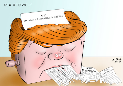 Cartoon: Reißwolf Trump (medium) by Ago tagged donald,trump,präsident,usa,ausstieg,uno,internationaler,waffenhandelsvertrag,att,entgegenkommen,waffenlobby,nra,wiederholter,bruch,partnerschaft,eu,weltgemeinschaft,kündigung,klimaabkommen,iran,atomabkommen,konfrontation,spaltung,eigensüchtig,america,first,populismus,reisswolf,aktenvernichter,politik,karikatur,cartoon,pressezeichnung,illustration,tale,agostino,natale,donald,trump,präsident,usa,ausstieg,uno,internationaler,waffenhandelsvertrag,att,entgegenkommen,waffenlobby,nra,wiederholter,bruch,partnerschaft,eu,weltgemeinschaft,kündigung,klimaabkommen,iran,atomabkommen,konfrontation,spaltung,eigensüchtig,america,first,populismus,reisswolf,aktenvernichter,politik,karikatur,cartoon,pressezeichnung,illustration,tale,agostino,natale