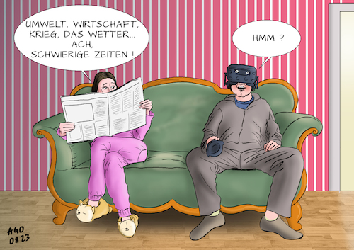 Cartoon: Rosa Brille (medium) by Ago tagged krisen,nachrichten,realität,wirtschaft,energie,inflation,umwelt,katastrophen,kriege,weltflucht,eskapismus,virtuelle,ki,ai,künstliche,intelligenz,vr,brille,paar,sofa,zeitung,gesellschaft,politik,karikatur,cartoon,pressezeichnung,illustration,ago,agostino,natale,krisen,nachrichten,realität,wirtschaft,energie,inflation,umwelt,katastrophen,kriege,weltflucht,eskapismus,virtuelle,ki,ai,künstliche,intelligenz,vr,brille,paar,sofa,zeitung,gesellschaft,politik,karikatur,cartoon,pressezeichnung,illustration,ago,agostino,natale