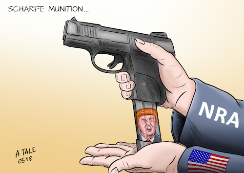 Cartoon: Scharfe Munition (medium) by Ago tagged donald,trump,usa,präsident,nra,waffen,lobby,jahrestreffen,rede,verbündeter,unterstützer,einseitige,parteinahme,keine,verschärfung,waffengesetze,schusswaffen,streit,proteste,kontroverse,amokläufe,massaker,tote,waffe,patronen,politik,karikatur,cartoon,pressezeichnung,illustration,tale,agostino,natale,donald,trump,usa,präsident,nra,waffen,lobby,jahrestreffen,rede,verbündeter,unterstützer,einseitige,parteinahme,keine,verschärfung,waffengesetze,schusswaffen,streit,proteste,kontroverse,amokläufe,massaker,tote,waffe,patronen,politik,karikatur,cartoon,pressezeichnung,illustration,tale,agostino,natale