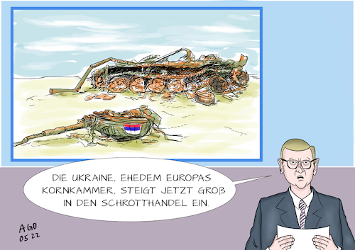 Cartoon: Schrottgroßhändler (medium) by Ago tagged russland,präsident,wladimir,putin,ukraine,krise,angriffskrieg,verluste,rückschläge,material,kriegsgerät,panzer,wirtschaft,handel,ausfall,getreide,produktion,lieferengpässe,weltmarkt,rohstoffe,schrott,umsatteln,nachrichtensprecher,politik,caricature,karikatur,cartoon,pressezeichnung,illustration,ago,agostino,natale,russland,präsident,wladimir,putin,ukraine,krise,angriffskrieg,verluste,rückschläge,material,kriegsgerät,panzer,wirtschaft,handel,ausfall,getreide,produktion,lieferengpässe,weltmarkt,rohstoffe,schrott,umsatteln,nachrichtensprecher,politik,caricature,karikatur,cartoon,pressezeichnung,illustration,ago,agostino,natale