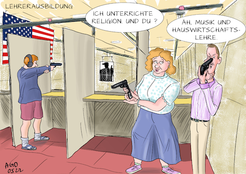 Cartoon: Soft skills (medium) by Ago tagged usa,vereinigte,staaten,uvalde,texas,amoklauf,attentat,grundschule,mord,tote,kinder,regelmäßig,schusswaffen,waffennarren,leicht,einfach,beschaffung,laxe,kontrollen,lobby,nra,republikaner,trump,verschärfung,forderung,lehrer,bewaffnen,demokraten,waffenbesitz,erschweren,keine,mehrheit,schießstand,schießübung,politik,caricature,karikatur,cartoon,pressezeichnung,illustration,ago,agostino,natale,usa,vereinigte,staaten,uvalde,texas,amoklauf,attentat,grundschule,mord,tote,kinder,regelmäßig,schusswaffen,waffennarren,leicht,einfach,beschaffung,laxe,kontrollen,lobby,nra,republikaner,trump,verschärfung,forderung,lehrer,bewaffnen,demokraten,waffenbesitz,erschweren,keine,mehrheit,schießstand,schießübung,politik,caricature,karikatur,cartoon,pressezeichnung,illustration,ago,agostino,natale