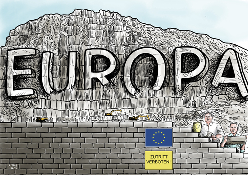 Cartoon: Steinbruch Europa (medium) by Ago tagged europa,eu,abgrenzung,abschottung,grenzen,mauern,kontingente,deutschland,orban,faymann,ungarn,österreich,visegrad,gruppe,osteuropa,fluechtlingskrise,fluechtlingspolitik,debatte,uneinigkeit,dissens,verteilung,fluechtlinge,migration,asyl,syrien,buergerkrieg,tuerkei,zaun,grenzzaun,stacheldraht,schengen,abriegelung,balkanroute,steinbruch,schwinden,verlust,abbau,zusammenhalt,ideale,nationalismus,kleinstaaterei,egoismus,eigeninteresse,politik,cartoon,karikatur,eu,europa,abgrenzung,abschottung,grenzen,mauern,kontingente,deutschland,orban,faymann,ungarn,österreich,visegrad,gruppe,osteuropa,fluechtlingskrise,fluechtlingspolitik,debatte,uneinigkeit,dissens,verteilung,fluechtlinge,migration,asyl,syrien,buergerkrieg,tuerkei,zaun,grenzzaun,stacheldraht,schengen,abriegelung,balkanroute,steinbruch,schwinden,verlust,abbau,zusammenhalt,ideale,nationalismus,kleinstaaterei,egoismus,eigeninteresse,politik,cartoon,karikatur