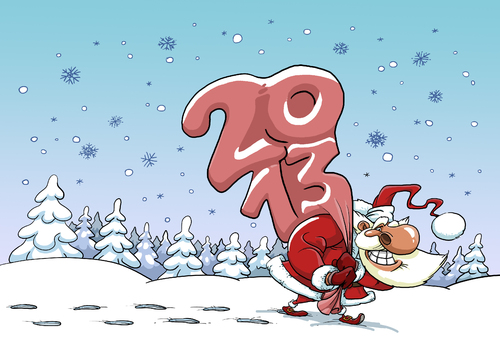 Cartoon: Santa Claus with a 2013 (medium) by Alex Skibelsky tagged red,wood,snow,gifts,beard,winter,picture,drawing,mustache,eyebrows,christmas,snowflake,new,year,grandfather,illustration,santa,claus,2013,calendar,tree