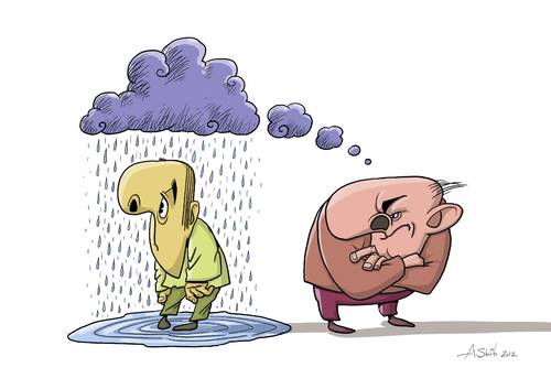 Cartoon: Thought-cloud (medium) by Alex Skibelsky tagged badly,thought,cloud,negative,malice,rain,think,evil,unhappy,victim,wet