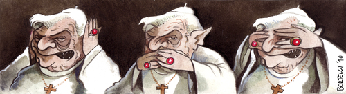 Cartoon: omerta (medium) by matteo bertelli tagged catholic,church,vatican,scandal,bertelli,papst,benedikt,ratzinger,kirche,katholische,glaube,religion,skandal,affe,sehen,hören,ignorieren,vatikan,sexueller missbrauch,mißbrauch,sexueller,missbrauch