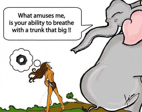Cartoon: TARZAN... (medium) by fabskribbler tagged tarzan,elephant,trunk,jungle,loincloth,piss,pee,branch,sky,green,pink,hair,funny