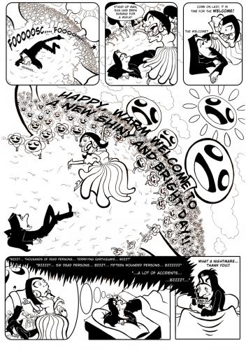 Cartoon: Adrift - The buzzer (medium) by Xavi dibuixant tagged adrift,comic,strip,buzzer,sleep,comic,strip,schlafen,träumen,traum,alptraum,freude,sonnenschein,realität,enthusiasmus,depression,glücklich,erleichtert,frau,mann
