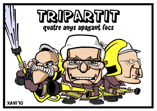 Cartoon: Tripartit apagafocs (medium) by Xavi dibuixant tagged generalitat,jose,montilla,joan,saura,josep,lluis,carod,rovira,govern,catalunya,catalonia,spain,caricatura,caricature