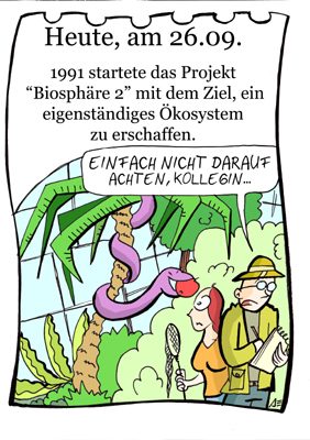 Cartoon: 26. September (medium) by chronicartoons tagged biosphäre,schöpfungadam,eva,schlange,apfel,cartoon