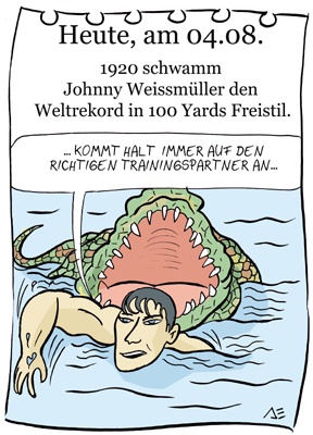 Cartoon: 4. August (medium) by chronicartoons tagged weissmüller,tarzan,schwimmen