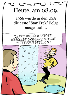 Cartoon: 8. September (medium) by chronicartoons tagged star,trek,enterprise,kirk,scotty,beamen,cartoon