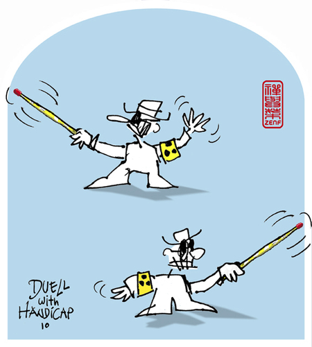 Cartoon: duell with handicap (medium) by zenundsenf tagged duell,handicap,behinderung,blind,zenf,zensenf,zenundsenf,walter,andi