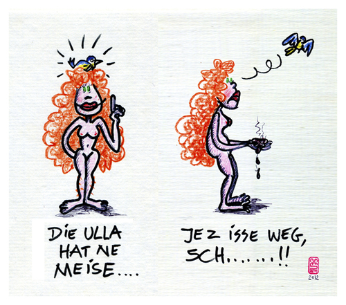 Cartoon: Ulla hat ne Meise! (medium) by zenundsenf tagged birthday,gift,caricature,cartoon,grafic,grazy,shit,tit,titmouse,andi,walter,geburtstag,gedicht,karikatur,meise,meisenvogel,ulla,zenf,zensenf,zenundsenf