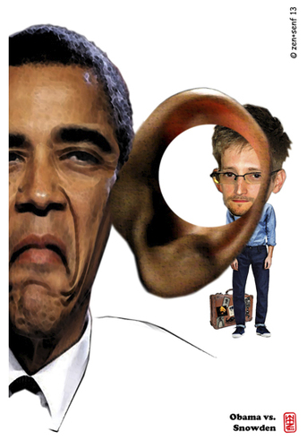 Cartoon: Obama vs Snowden (medium) by zenundsenf tagged andi,walter,barak,obama,cartoon,composing,karikatur,nsa,snowden,edward,wikileaks,zenf,zensenf,zenundsenf