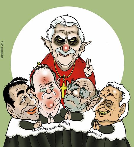 Cartoon: POPE IN BARCELONA (medium) by ELCHICOTRISTE tagged pope,corruption,millet,alavedra,laporta,panafreta