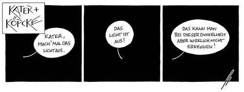 Cartoon: Kater u. Köpcke - Darkness (medium) by badham tagged lux,fiat,licht,erkenntnis,darkness,dunkelheit,köpcke,kater,hammel,badham