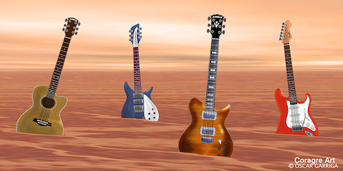Cartoon: 4 Guitarres (medium) by DrCoragre tagged music,guitar,rock,pop,drawing,mixed,media,digital,surreal,landscape