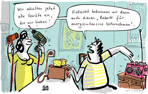 Cartoon: Energieintensiv (medium) by kittihawk tagged kittihawk,2014,ökostrom,eeg,umlage,neufassung,gesetz,siegmar,gabriel,rabatt,für,energieintensive,unternehmen,reform,energiewende,geräte,elektro,stromsparen,erneuerbare,energien,verbraucher,strompreise,erhöhen,kittihawk,2014,ökostrom,eeg,umlage,neufassung,gesetz,siegmar,gabriel,rabatt,für,energieintensive,unternehmen,reform,energiewende,geräte,elektro,stromsparen,erneuerbare,energien,verbraucher,strompreise,erhöhen