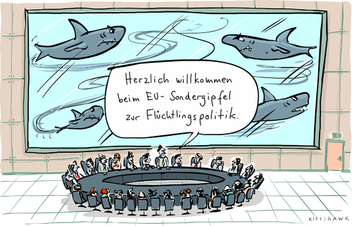Cartoon: EU Flüchtlingsgipfel (medium) by kittihawk tagged 2015,kittihawk,eu,sondergipfel,flüchtlingspolitik,regierungschefs,konferenz,aquarium,haie,becken,panzerglas,unter,wasser,herzlich,willkommen,eu