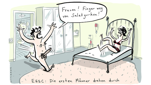 Cartoon: finger weg vonsalatgurken (medium) by kittihawk tagged ehec,epidemie,salatgurken,panik,in,deutschen,schlafzimmern,ehec,epidemie,salatgurken,panik,deutschen,schlafzimmern,gurke,durchfall,gemüse,lebensmittel