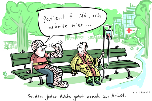 Cartoon: Krank zur Arbeit (medium) by kittihawk tagged kittihawk,2015,krank,zur,arbeit,studie,bertelsmann,stiftung,krankenhaus,verband,gips,patient,arbeite,bank,park,pause,kopfverband,infusion,kittihawk,2015,krank,zur,arbeit,studie,bertelsmann,stiftung,krankenhaus,verband,gips,patient,arbeite,bank,park,pause,kopfverband,infusion