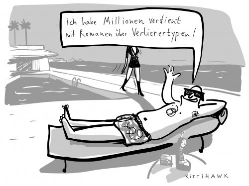 Cartoon: millionen verdient (medium) by kittihawk tagged karriere,mann,frau,strand,pool,geld,karriere,mann,frau,strand,pool,geld,erfolg,millionen,millionär,schritsteller,romanschreiber,autor,romane,geschichten,verlierertypen