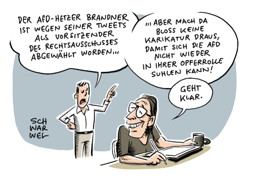 Cartoon: AfD Brandner abgewählt (medium) by Schwarwel tagged afd,alternative,für,deutschland,nazipartei,partei,politik,rechtsextremismus,rechtsextrem,rechtsextremisten,rassismus,rassisten,rassistisch,nazi,nazis,neonazis,nonazis,antifa,antifachismus,ausländerfeindlichkeit,ausländerfeindlich,migration,migranten,flüchtlinge,geflüchtete,flüchtlingspolitik,hass,hetze,heil,hitler,sieg,faschismus,faschisten,fuckafd,fucknazis,rechte,gewalt,rechter,terror,nationalistisch,demokratie,diktatur,antidemokratisch,nationalsozialismus,islamfeindlichkeit,antisemitismus,antisemitisch,judenhass,judenverfolgung,holocaust,holocaustleugner,fremdenhass,rechtsterrorismus,verschwörungstheorie,verschwörungstheoretiker,geschichtsrevisionismus,antipluralismus,multikulti,identität,tradition,heimat,völkisch,neonazismus,neofaschismus,identitäre,bewegung,neue,rechtsausschuss,bundesregieurng,regierung,brander,vorsitzender,moscheen,synagogen,cartoon,karikatur,schwarwel,karikaturist,opferrolle,afd,alternative,für,deutschland,nazipartei,partei,politik,rechtsextremismus,rechtsextrem,rechtsextremisten,rassismus,rassisten,rassistisch,nazi,nazis,neonazis,nonazis,antifa,antifachismus,ausländerfeindlichkeit,ausländerfeindlich,migration,migranten,flüchtlinge,geflüchtete,flüchtlingspolitik,hass,hetze,heil,hitler,sieg,faschismus,faschisten,fuckafd,fucknazis,rechte,gewalt,rechter,terror,nationalistisch,demokratie,diktatur,antidemokratisch,nationalsozialismus,islamfeindlichkeit,antisemitismus,antisemitisch,judenhass,judenverfolgung,holocaust,holocaustleugner,fremdenhass,rechtsterrorismus,verschwörungstheorie,verschwörungstheoretiker,geschichtsrevisionismus,antipluralismus,multikulti,identität,tradition,heimat,völkisch,neonazismus,neofaschismus,identitäre,bewegung,neue,rechtsausschuss,bundesregieurng,regierung,brander,vorsitzender,moscheen,synagogen,cartoon,karikatur,schwarwel,karikaturist,opferrolle