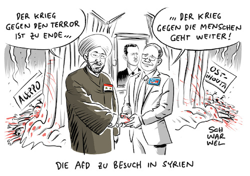 Cartoon: AfD trifft Assads Großmufti (medium) by Schwarwel tagged afd,alternative,für,deutschland,rechts,rechte,nazi,nazis,nonazis,rechtsextrem,rechtsextremismus,rechtspopulismus,rechtspopulistisch,rechtspopulisten,gauland,weidel,von,storch,petry,höcke,rassismus,rassisten,partei,parteien,politik,politiker,ausländerfeindlichkeit,rassenhass,syrien,krieg,terror,zerstörung,aleppo,ostghouta,assad,großmufti,diktatur,diktator,entnazifizierung,noafd,naziherrschaft,damaskus,ahmed,badr,al,din,hassun,terroranschlag,terroranschläge,selbstmordattentat,attentat,attentäter,märtyrer,libanon,syrienreise,heiliger,syrienkrieg,ostghuta,syrer,russen,russland,militär,armee,soldat,soldaten,tot,tod,todesurteil,todesurteile,christian,blex,muslimisch,muslim,muslime,terrorist,cartoon,cartoons,karikatur,schwarwel,afd,alternative,für,deutschland,rechts,rechte,nazi,nazis,nonazis,rechtsextrem,rechtsextremismus,rechtspopulismus,rechtspopulistisch,rechtspopulisten,gauland,weidel,von,storch,petry,höcke,rassismus,rassisten,partei,parteien,politik,politiker,ausländerfeindlichkeit,rassenhass,syrien,krieg,terror,zerstörung,aleppo,ostghouta,assad,großmufti,diktatur,diktator,entnazifizierung,noafd,naziherrschaft,damaskus,ahmed,badr,al,din,hassun,terroranschlag,terroranschläge,selbstmordattentat,attentat,attentäter,märtyrer,libanon,syrienreise,heiliger,syrienkrieg,ostghuta,syrer,russen,russland,militär,armee,soldat,soldaten,tot,tod,todesurteil,todesurteile,christian,blex,muslimisch,muslim,muslime,terrorist,cartoon,cartoons,karikatur,schwarwel