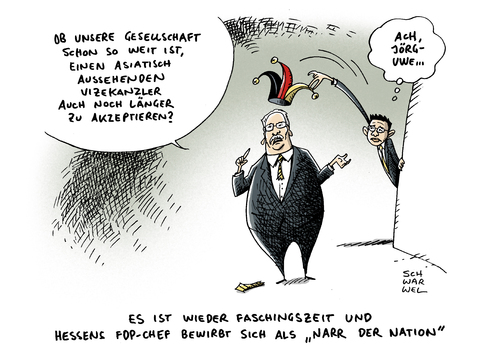 Cartoon: Alltagsrassismus FDP Rösler (medium) by Schwarwel tagged alltagsrassismus,fdp,rösler,hessen,chef,jörg,uwe,hahn,parteichef,debatte,rassismus,ausländerfeindlichkeit,partei,deutschland,karikatur,schwarwel,gesellschaft,vizekanzler,fasching,narr,alltagsrassismus,fdp,rösler,hessen,chef,jörg,uwe,hahn,parteichef,debatte,rassismus,ausländerfeindlichkeit,partei,deutschland,karikatur,schwarwel,gesellschaft,vizekanzler,fasching,narr