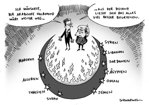 Cartoon: Arabischer Halbmond (medium) by Schwarwel tagged arabisch,arabien,halbmond,guido,westerwelle,angela,merkel,angie,marokko,syrien,libanon,jordanien,ägypten,jemen,oman,sudan,tunesien,algerien,staat,politik,krise,krieg,nation,angst,unruhe,waffen,gewalt,deutschland,wirtschaft,aufstand,regime,polizei,festnahme,demonstration,militär,protest,tod,karikatur,schwarwel,arabisch,arabien,halbmond,guido westerwelle,angela merkel,marokko,syrien,libanon,jordanien,ägypten,jemen,oman,sudan,tunesien,algerien,krieg,krise,angst,gewalt,deutschland,aufstand,regime,polizei,festnahm,guido,westerwelle,angela,merkel