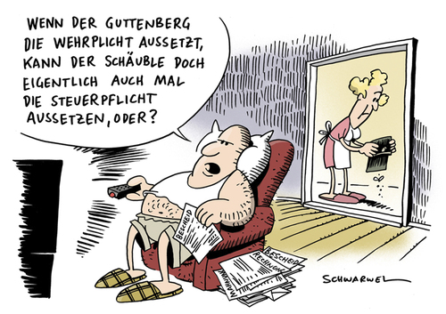 Cartoon: Aussetzung der Wehrpflicht (medium) by Schwarwel tagged wehrpflicht,guttenberg,schäuble,steuer,aussetzung,politik,deutschland,karikatur,schwarwel