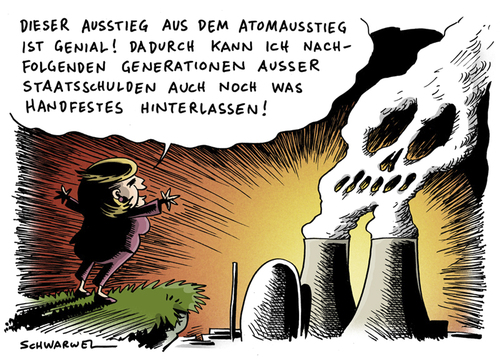 Cartoon: Ausstieg aus dem Atom-Ausstieg (medium) by Schwarwel tagged angela,merkel,atom,atomkraftwerk,ausstieg,deutschland,politik,umwelt,umweltschutz,natur,staatschulden,schulden,generation,gesellschaft,kinder,gefahr,laufzeit,konzern,karikatur,schwarwel