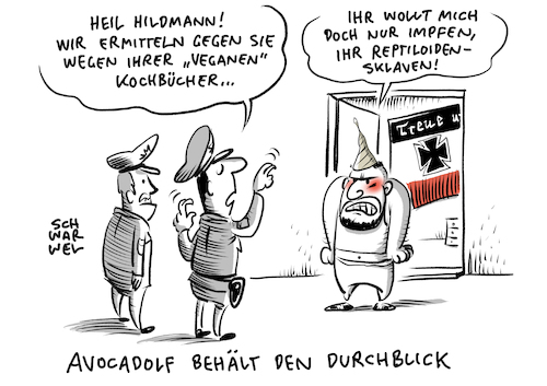 Cartoon: Avocadolf Attila Hildmann (medium) by Schwarwel tagged avocadolf,attila,hildmann,vegan,veganer,koch,verschwörungstheorie,verschwörungstheoretiker,volksverhetzung,hass,hetze,morddrohung,telefgram,rechtsextremismus,rechter,terror,rechtsextrem,rassismus,rassist,aluhut,coronaleugner,impfgegner,coronagegner,covidioten,hassrede,polizei,verfassungsschutz,verschwörungsmythen,nationalsozialismus,nazi,nazis,neonazis,waffen,waffengewalt,volker,beck,todesstrafe,corona,covid19,coronaprotestaktion,coronademo,verschwörungsideologe,schutzmaske,mundnasenschutz,mns,maskenpflicht,abstand,staatsschutz,holocaust,holocaustleugner,hitler,telegram,radikal,radikalisierung,antisemitismus,hasskriminalität,cartoon,karikatur,schwarwel,avocadolf,attila,hildmann,vegan,veganer,koch,verschwörungstheorie,verschwörungstheoretiker,volksverhetzung,hass,hetze,morddrohung,telefgram,rechtsextremismus,rechter,terror,rechtsextrem,rassismus,rassist,aluhut,coronaleugner,impfgegner,coronagegner,covidioten,hassrede,polizei,verfassungsschutz,verschwörungsmythen,nationalsozialismus,nazi,nazis,neonazis,waffen,waffengewalt,volker,beck,todesstrafe,corona,covid19,coronaprotestaktion,coronademo,verschwörungsideologe,schutzmaske,mundnasenschutz,mns,maskenpflicht,abstand,staatsschutz,holocaust,holocaustleugner,hitler,telegram,radikal,radikalisierung,antisemitismus,hasskriminalität,cartoon,karikatur,schwarwel